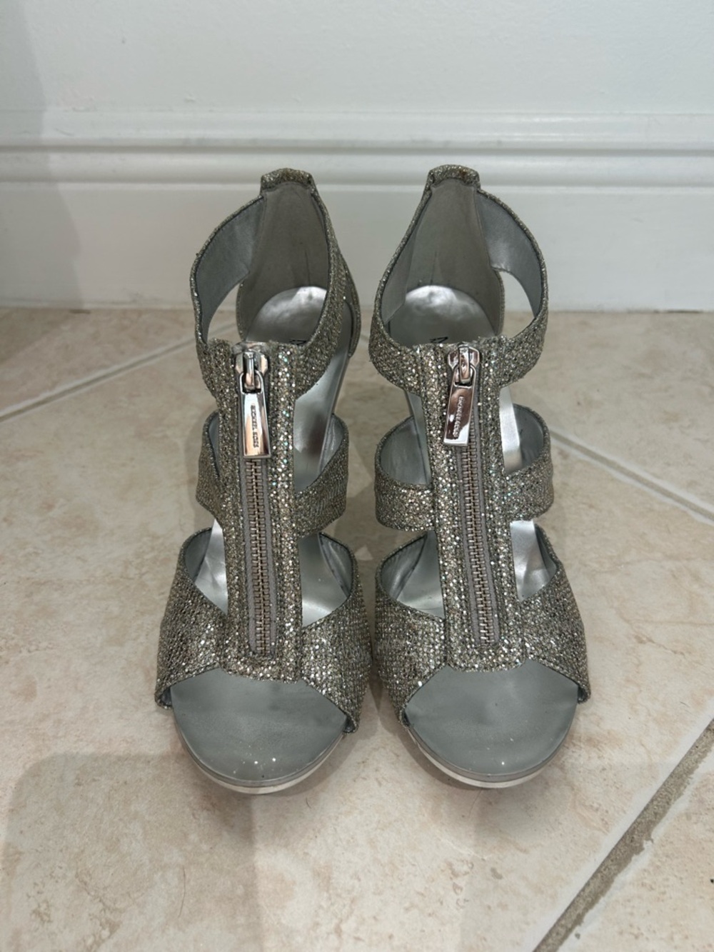 Michael Kors Silver Glitter Zip-Strap High Heel Sandals